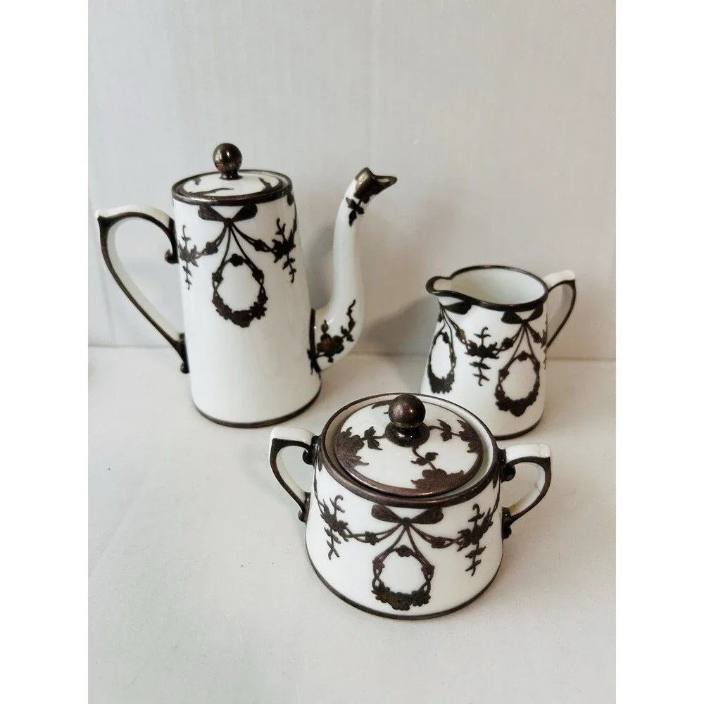 T&V Limoges France silver Appliqué Tea Cream Sugar Set Silver Trim